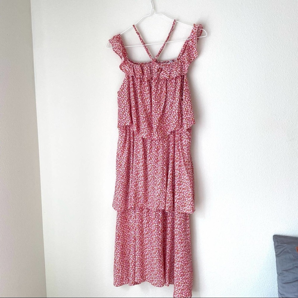 & Other Stories Off Shoulder Tiered Ruffle Pink Floral Berry Print Midi Dress 10